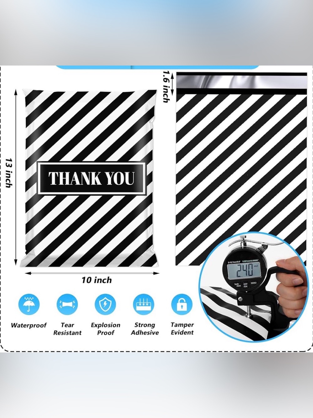 Set of 25 10x13 Thank You Black & White Stripe Polymailers - Picture 2 of 5